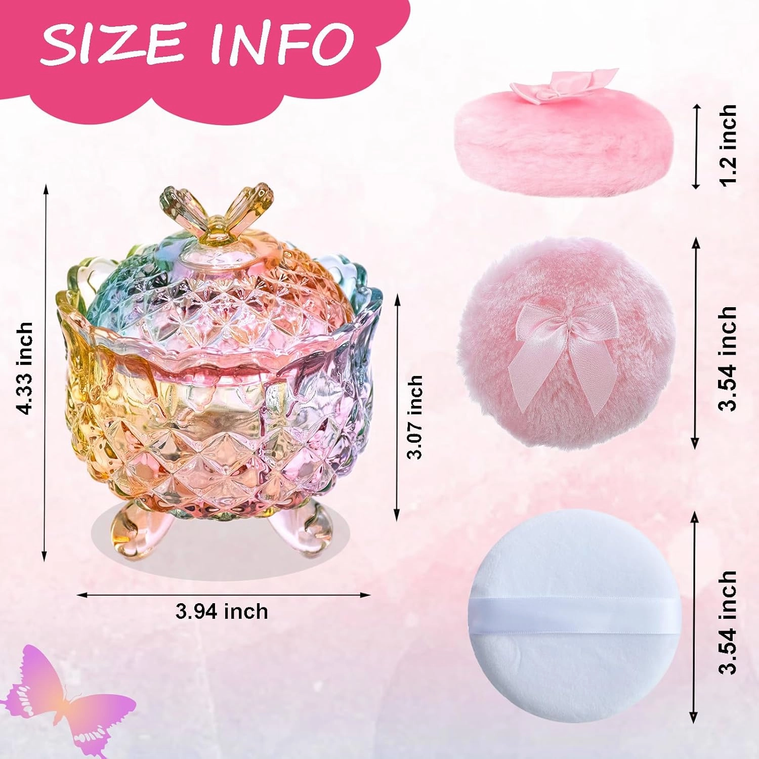5 Pieces Large Body Powder Puff and Powder Container, Crystal Case for Dust Puff, Powder applicator with Box for Face and Body (Color, Butterfly)