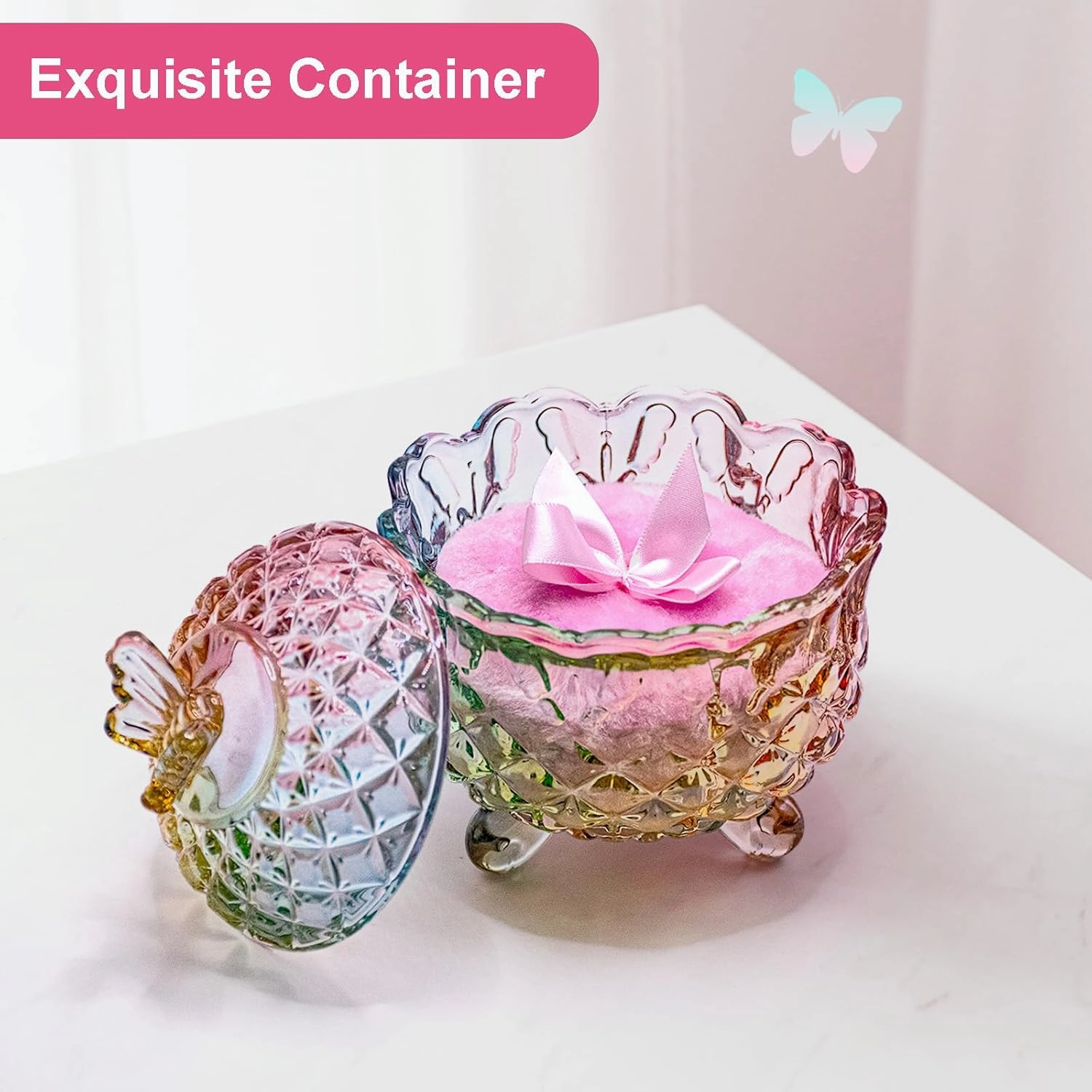 5 Pieces Large Body Powder Puff and Powder Container, Crystal Case for Dust Puff, Powder applicator with Box for Face and Body (Color, Butterfly)