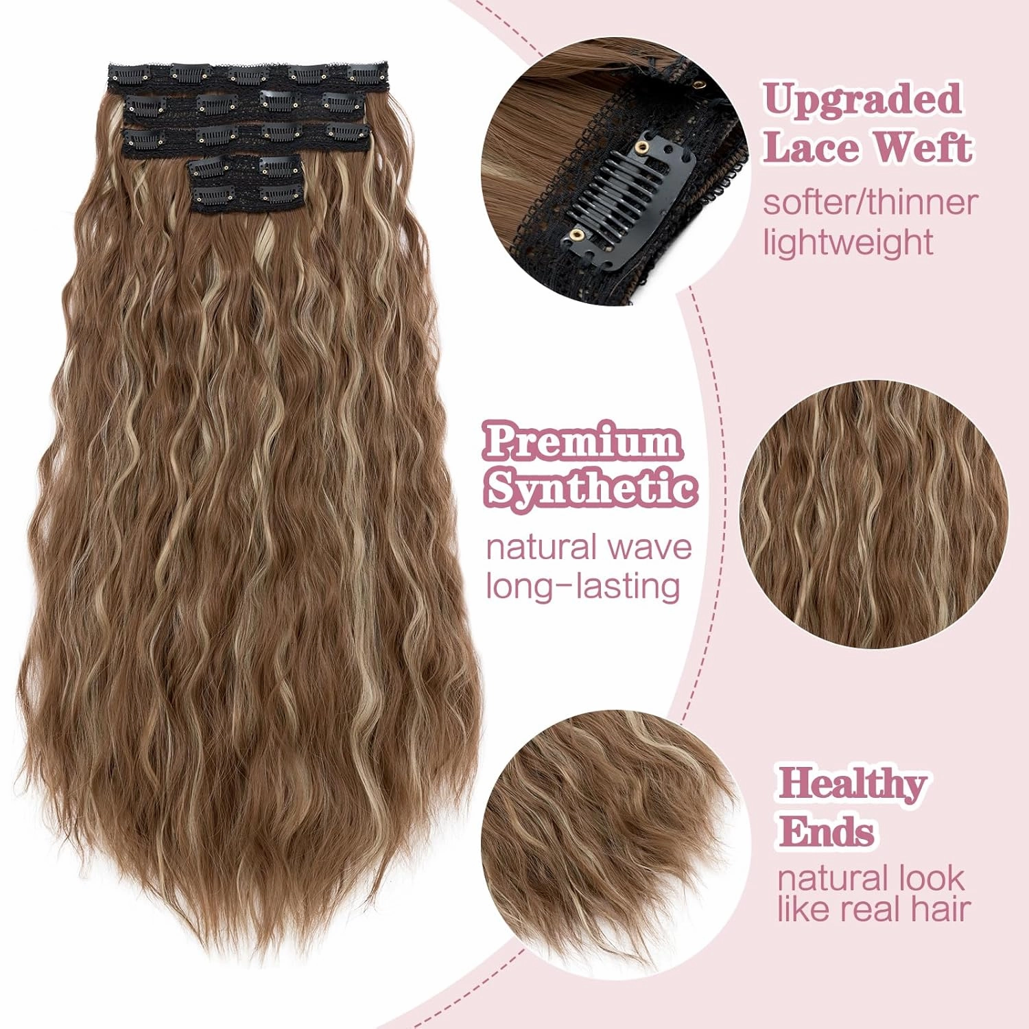 5PCS Clip in Hair Extensions,24 inch Long Loose Waves Curly Hair Extensions Natural Soft Lace Weft Seamless Clip-Ins Synthetic Hairpieces for Women 12P24