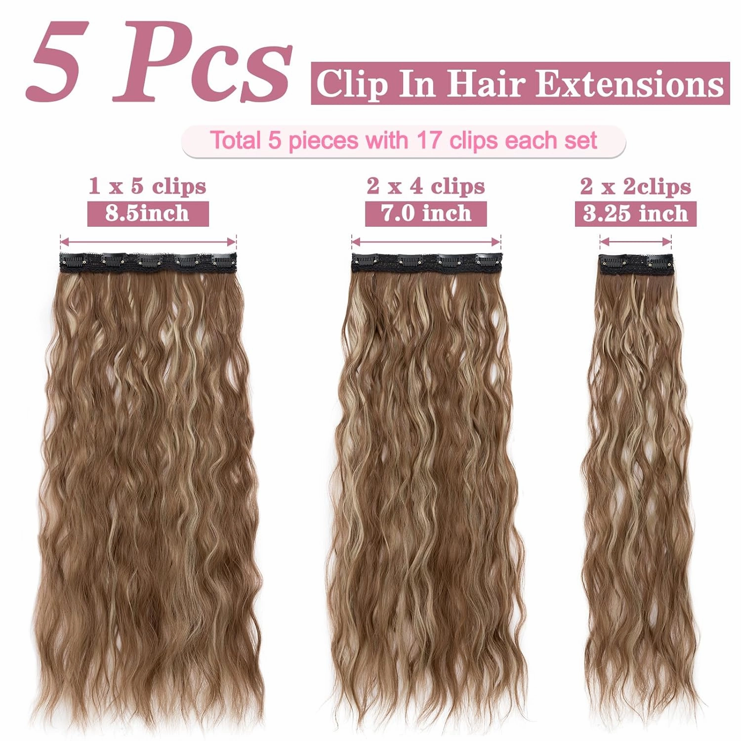 5PCS Clip in Hair Extensions,24 inch Long Loose Waves Curly Hair Extensions Natural Soft Lace Weft Seamless Clip-Ins Synthetic Hairpieces for Women 12P24