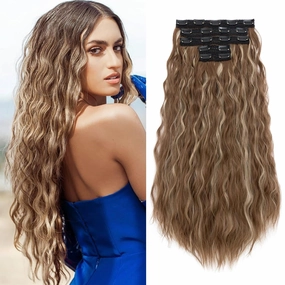 5PCS Clip in Hair Extensions,24 inch Long Loose Waves Curly Hair Extensions Natural Soft Lace Weft Seamless Clip-Ins Synthetic Hairpieces for Women 12P24