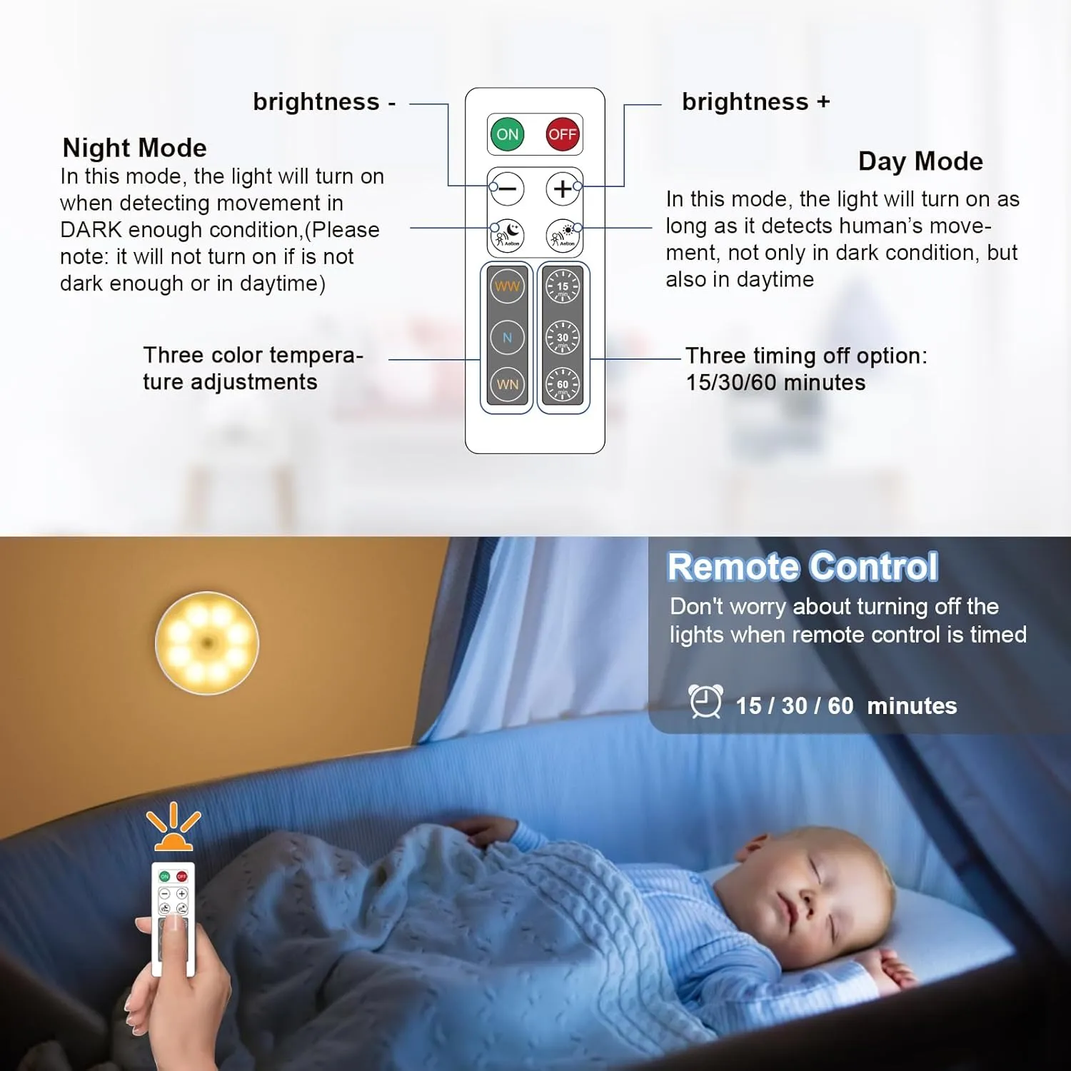 6 Pack Under Cabinet Lights [with Remote], 16 LEDs Wireless Motion Sensor Light Puck Light, 3 Color Temps Dimmable 3000-6000K, Rechargeable Closet Lights for Cabinet, Closet, Kitchen, Hallway, Stairs