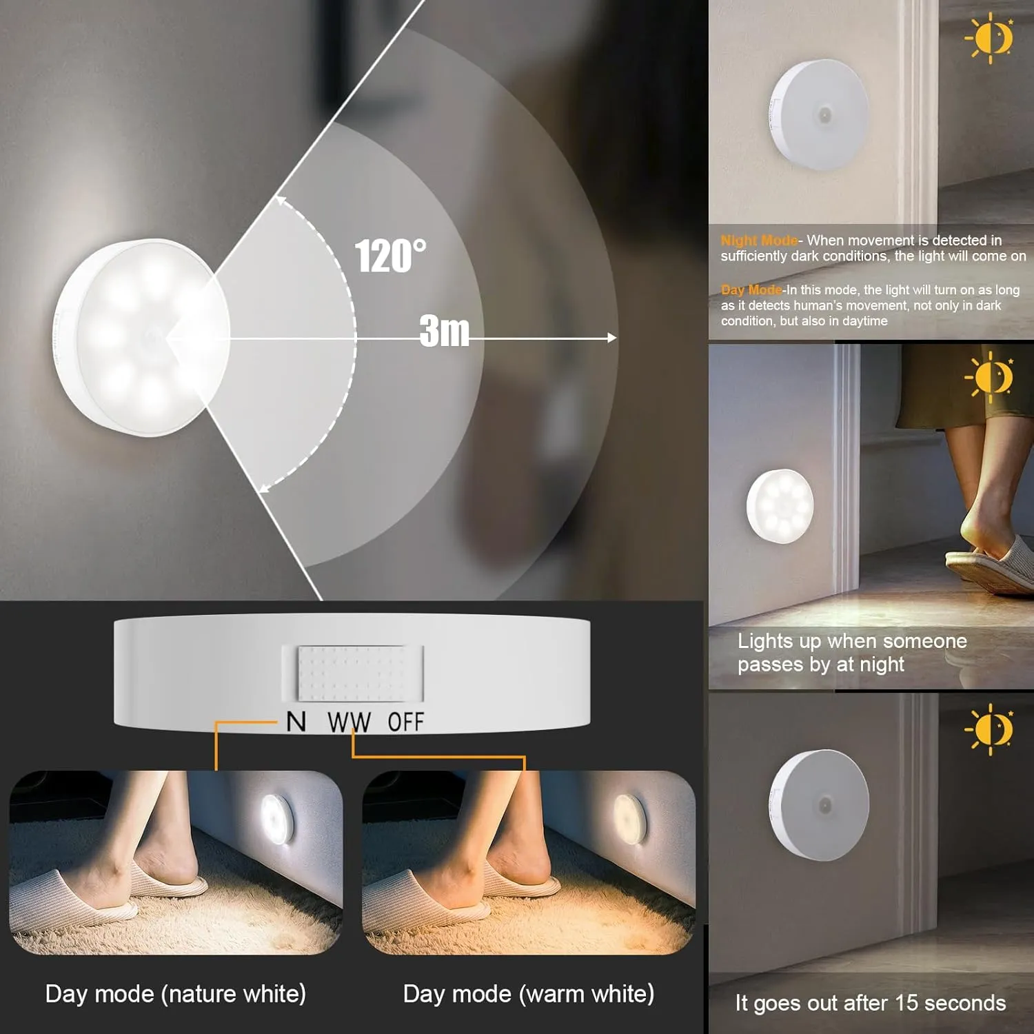 6 Pack Under Cabinet Lights [with Remote], 16 LEDs Wireless Motion Sensor Light Puck Light, 3 Color Temps Dimmable 3000-6000K, Rechargeable Closet Lights for Cabinet, Closet, Kitchen, Hallway, Stairs