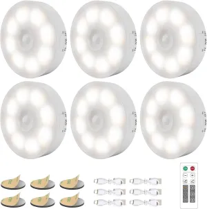 6 Pack Under Cabinet Lights [with Remote], 16 LEDs Wireless Motion Sensor Light Puck Light, 3 Color Temps Dimmable 3000-6000K, Rechargeable Closet Lights for Cabinet, Closet, Kitchen, Hallway, Stairs
