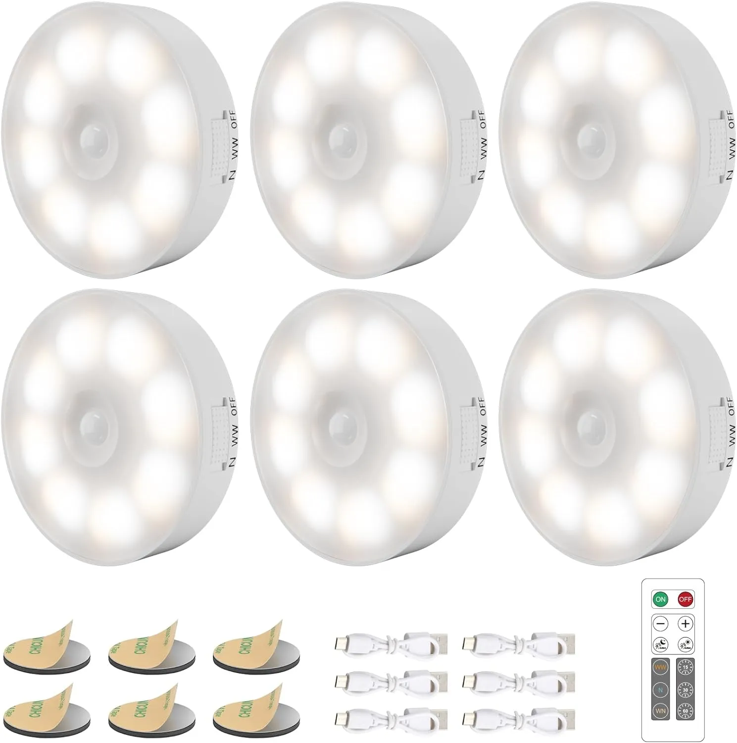 6 Pack Under Cabinet Lights [with Remote], 16 LEDs Wireless Motion Sensor Light Puck Light, 3 Color Temps Dimmable 3000-6000K, Rechargeable Closet Lights for Cabinet, Closet, Kitchen, Hallway, Stairs