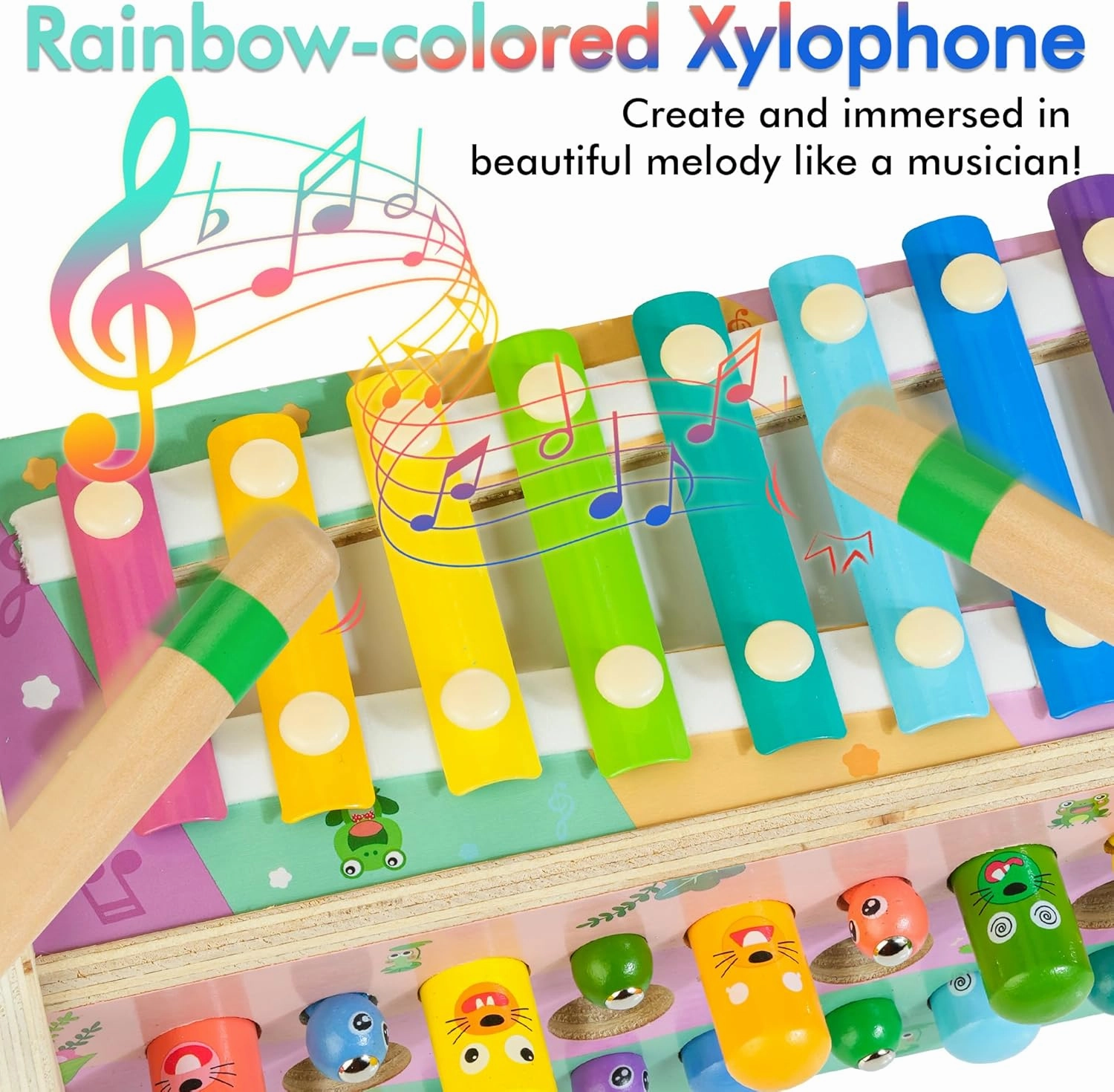 6-in-1 Wooden Montessori Toys for 1 Year Old, Mole-Tapping Game | Play The Xylophone | Frog Clock | Carrot Harvest Game | Spinning Gear, Baby Toy Gift for Early Learning