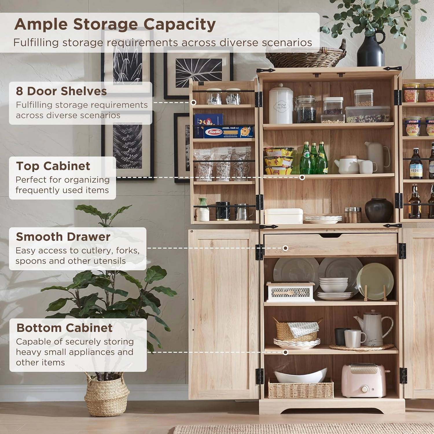 72" Tall Kitchen Pantry with Rattan Doors, Storage Cabinet with Organizer, Drawer and Adjustable Shelves, Wood Cupboard for Kitchen, Dining Room, Bathroom and Hallway, Natural Oak