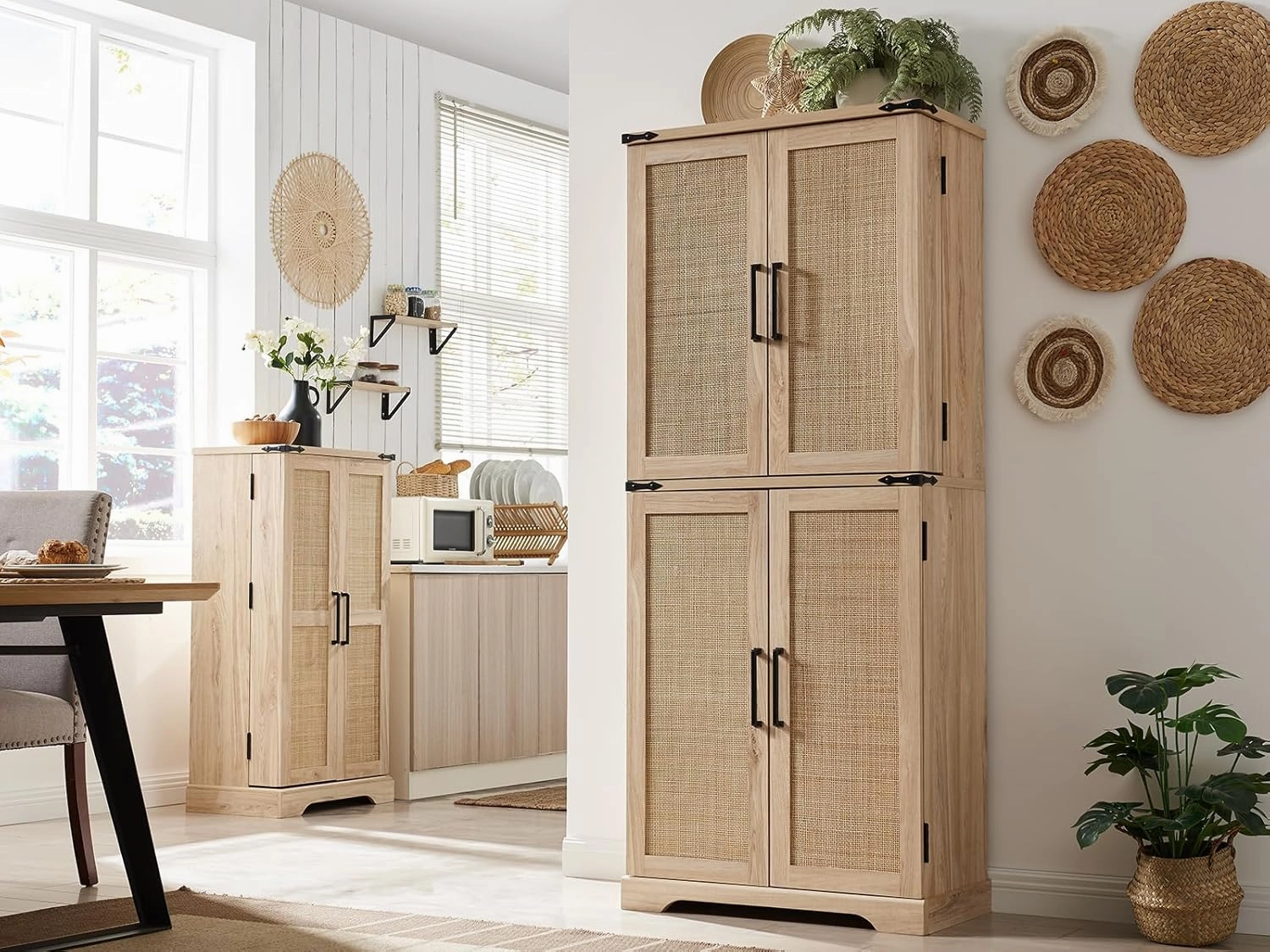 72" Tall Kitchen Pantry with Rattan Doors, Storage Cabinet with Organizer, Drawer and Adjustable Shelves, Wood Cupboard for Kitchen, Dining Room, Bathroom and Hallway, Natural Oak