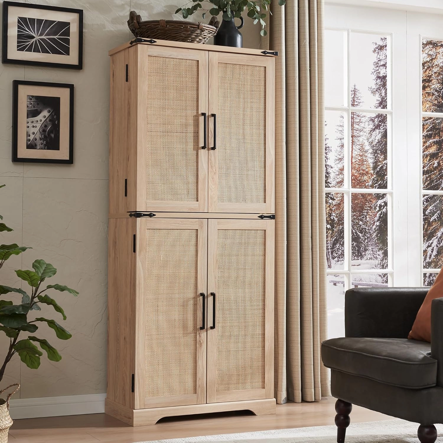 72" Tall Kitchen Pantry with Rattan Doors, Storage Cabinet with Organizer, Drawer and Adjustable Shelves, Wood Cupboard for Kitchen, Dining Room, Bathroom and Hallway, Natural Oak