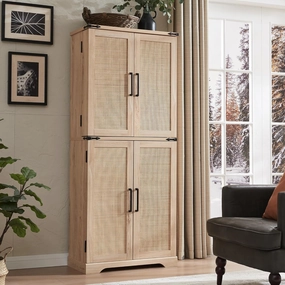 72" Tall Kitchen Pantry with Rattan Doors, Storage Cabinet with Organizer, Drawer and Adjustable Shelves, Wood Cupboard for Kitchen, Dining Room, Bathroom and Hallway, Natural Oak