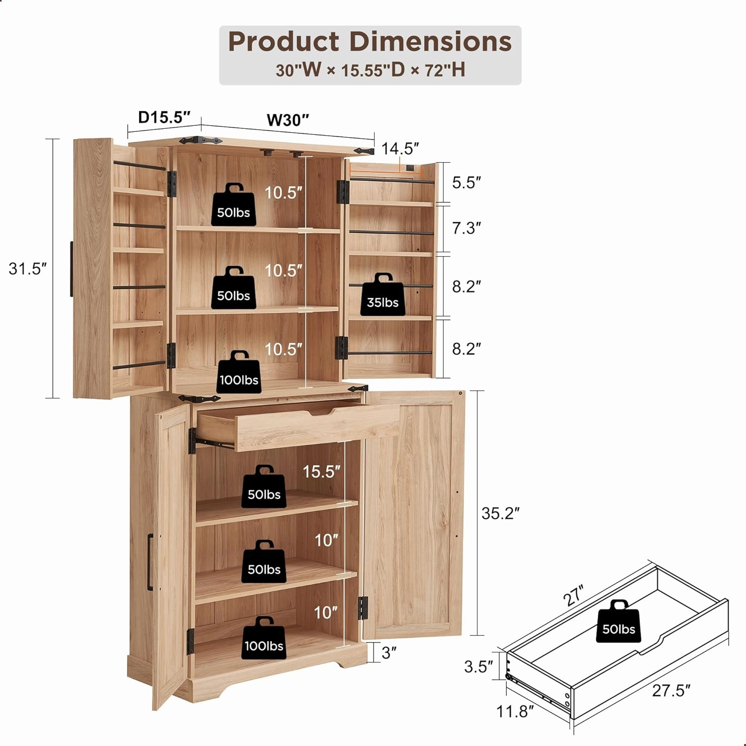 72" Tall Kitchen Pantry with Rattan Doors, Storage Cabinet with Organizer, Drawer and Adjustable Shelves, Wood Cupboard for Kitchen, Dining Room, Bathroom and Hallway, Natural Oak
