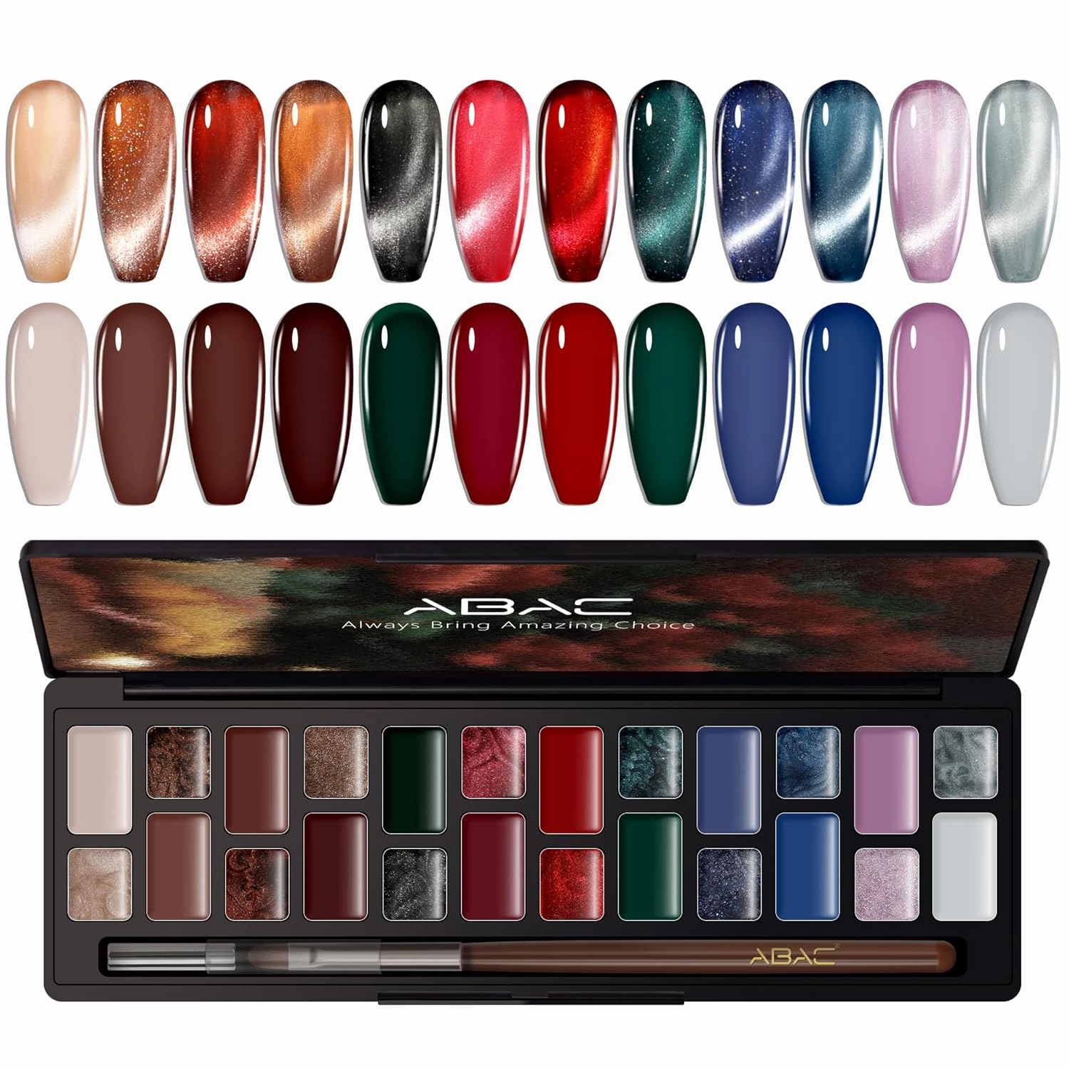 ABAC 24 Color Creme Cat Eye Gel Kit - Hema-Free Magnetic Winter Shades Chestnut Red, Emerald Shimmer w/Pro Magnet & Brush Christmas Party Nails,LED/Lamp Curing,Long-Lasting Gift Set