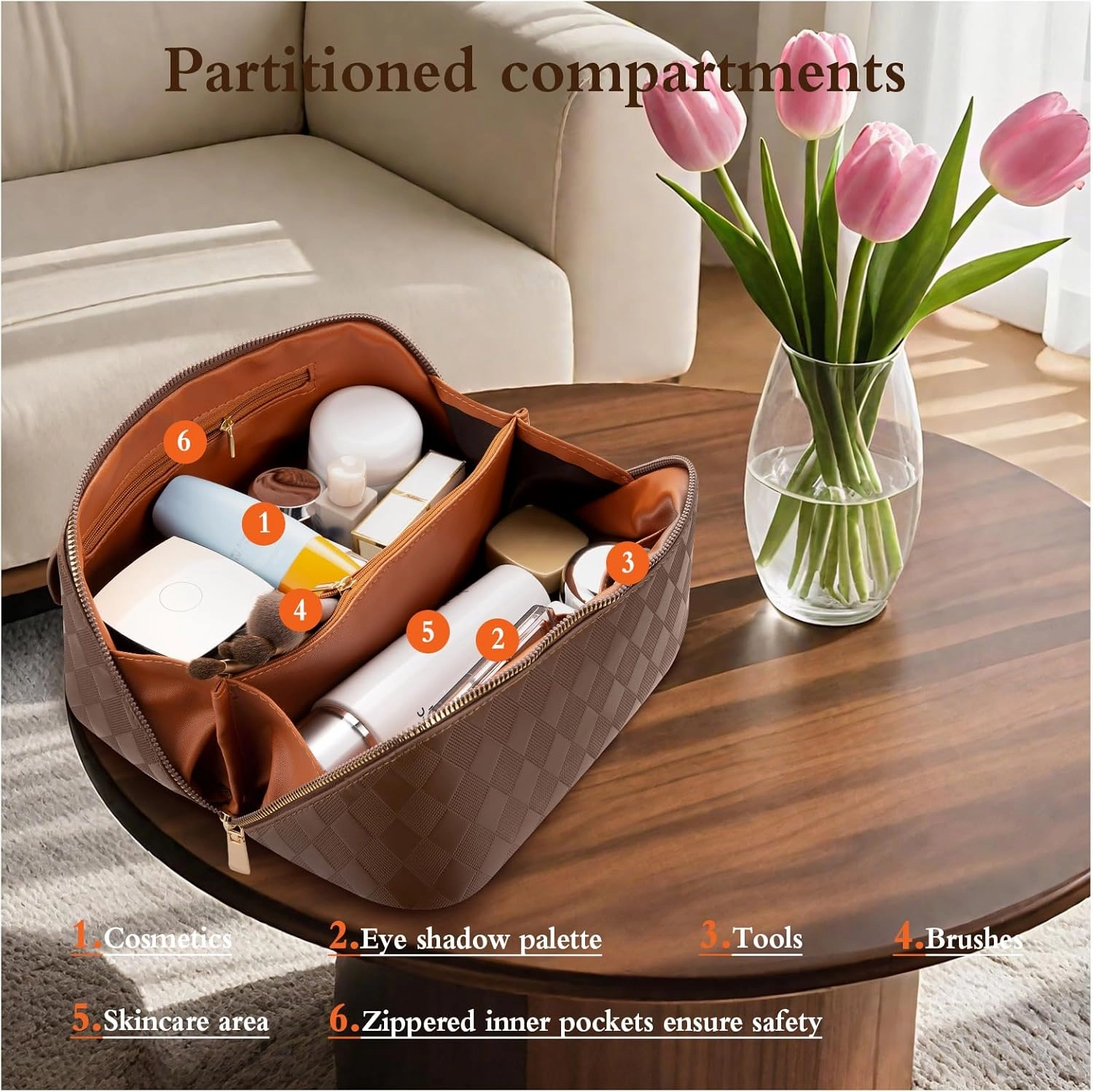 Abiudeng Travel Makeup Bag Large Capacity for Travel Essentials Open Flat Makeup bag Organizer with Divider and Handle-Rhombus Brown