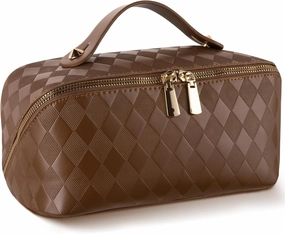 Abiudeng Travel Makeup Bag Large Capacity for Travel Essentials Open Flat Makeup bag Organizer with Divider and Handle-Rhombus Brown