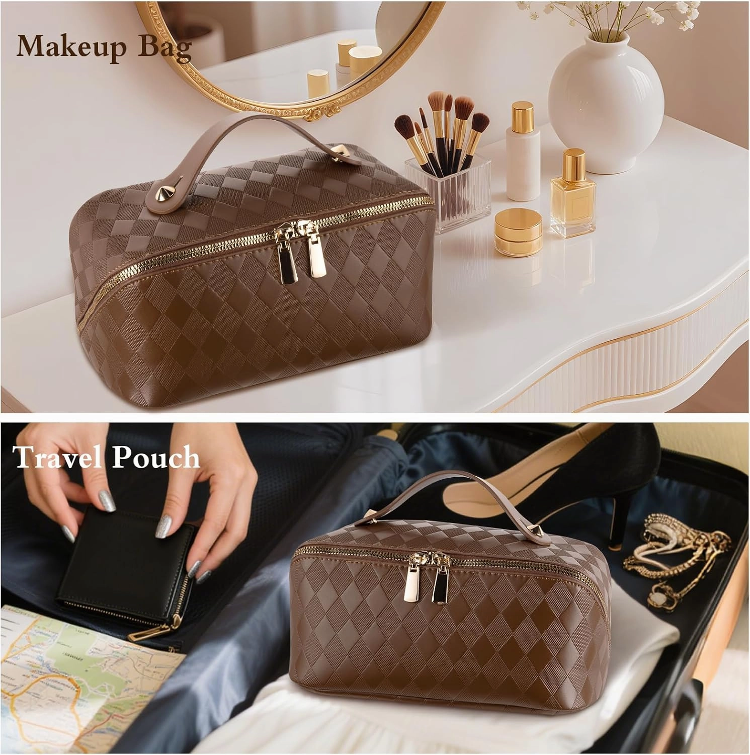 Abiudeng Travel Makeup Bag Large Capacity for Travel Essentials Open Flat Makeup bag Organizer with Divider and Handle-Rhombus Brown