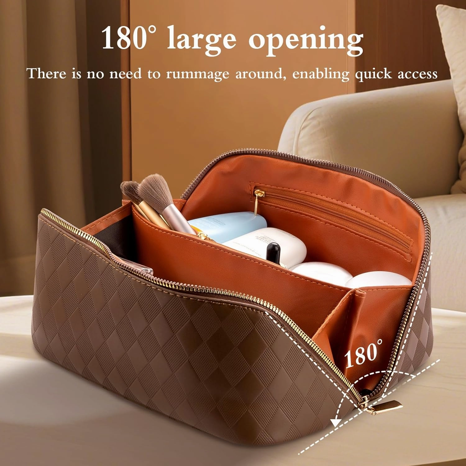Abiudeng Travel Makeup Bag Large Capacity for Travel Essentials Open Flat Makeup bag Organizer with Divider and Handle-Rhombus Brown