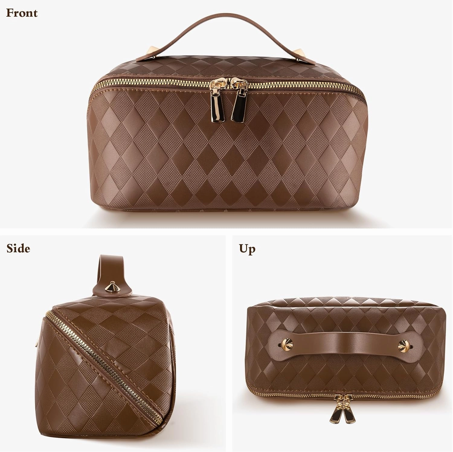 Abiudeng Travel Makeup Bag Large Capacity for Travel Essentials Open Flat Makeup bag Organizer with Divider and Handle-Rhombus Brown