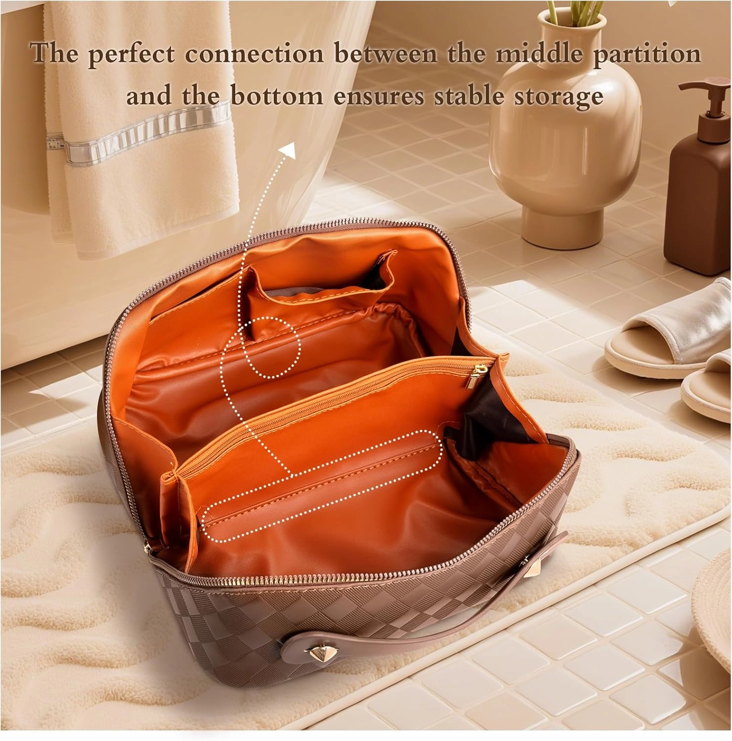 Abiudeng Travel Makeup Bag Large Capacity for Travel Essentials Open Flat Makeup bag Organizer with Divider and Handle-Rhombus Brown