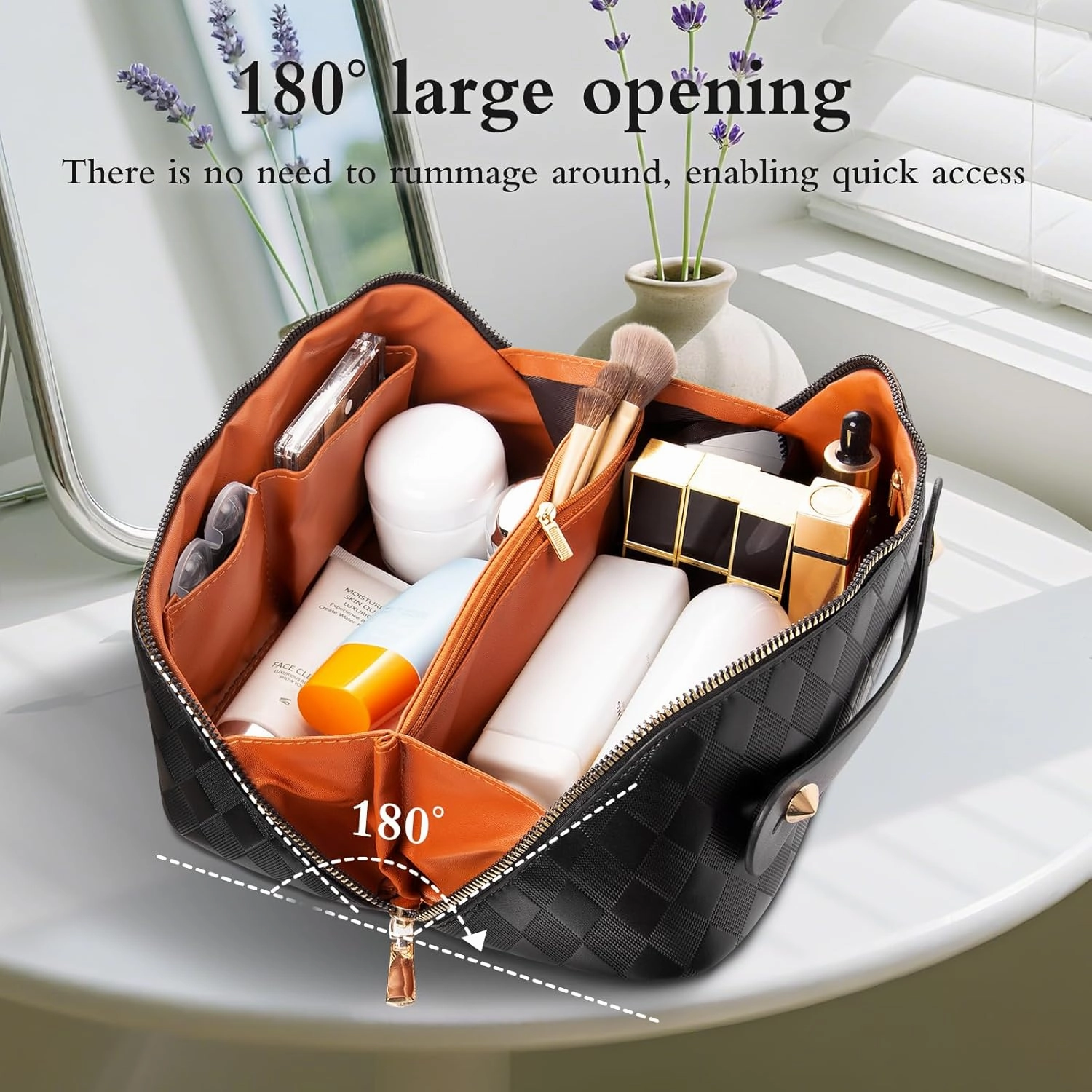 Abiudeng Travel Makeup Bag,Large Capacity Toiletry Bag Cosmetic Bags for Travel Essentials,Waterproof Portable Pouch Open Flat Makeup bag Organizer with Divider and Handle-black rhombus