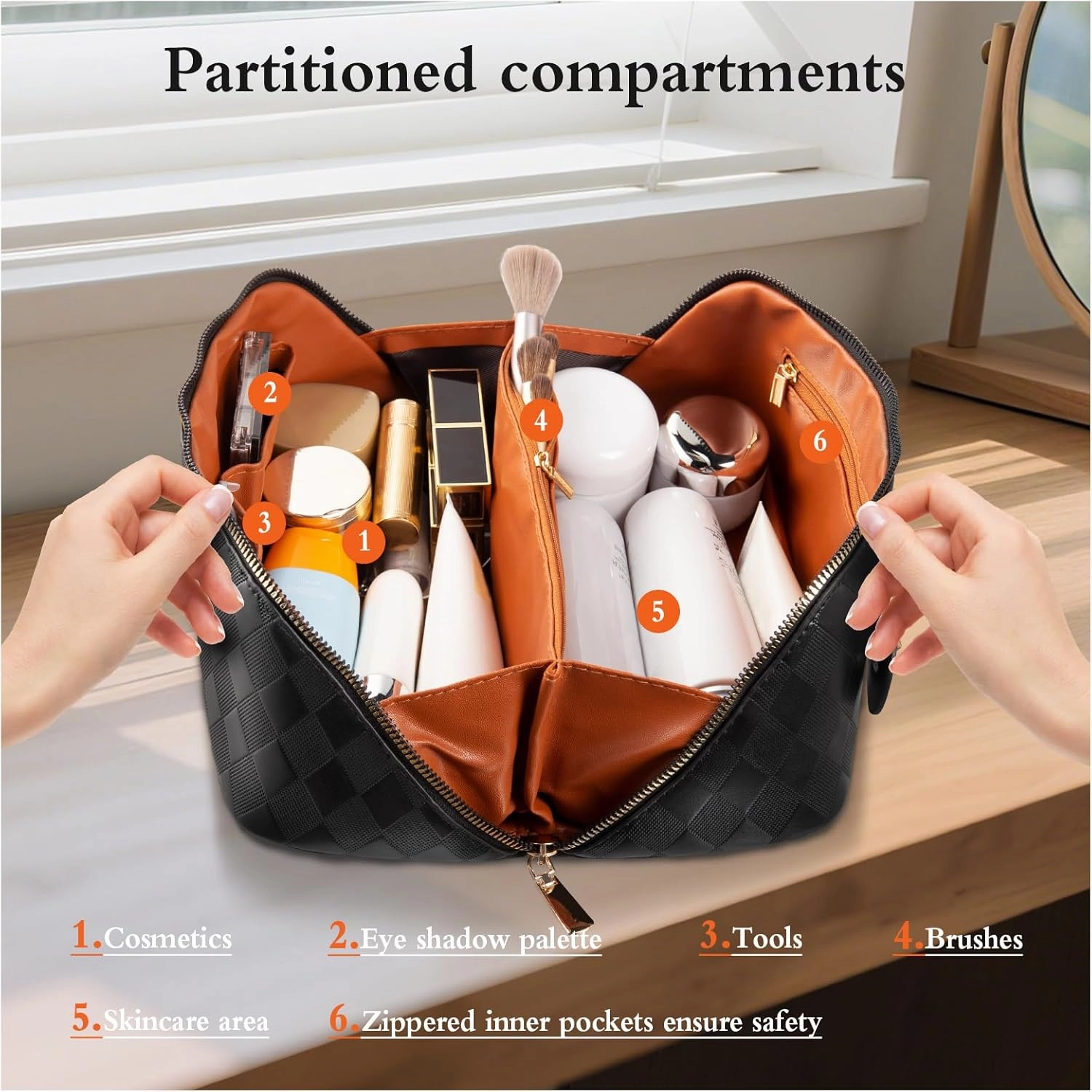 Abiudeng Travel Makeup Bag,Large Capacity Toiletry Bag Cosmetic Bags for Travel Essentials,Waterproof Portable Pouch Open Flat Makeup bag Organizer with Divider and Handle-black rhombus