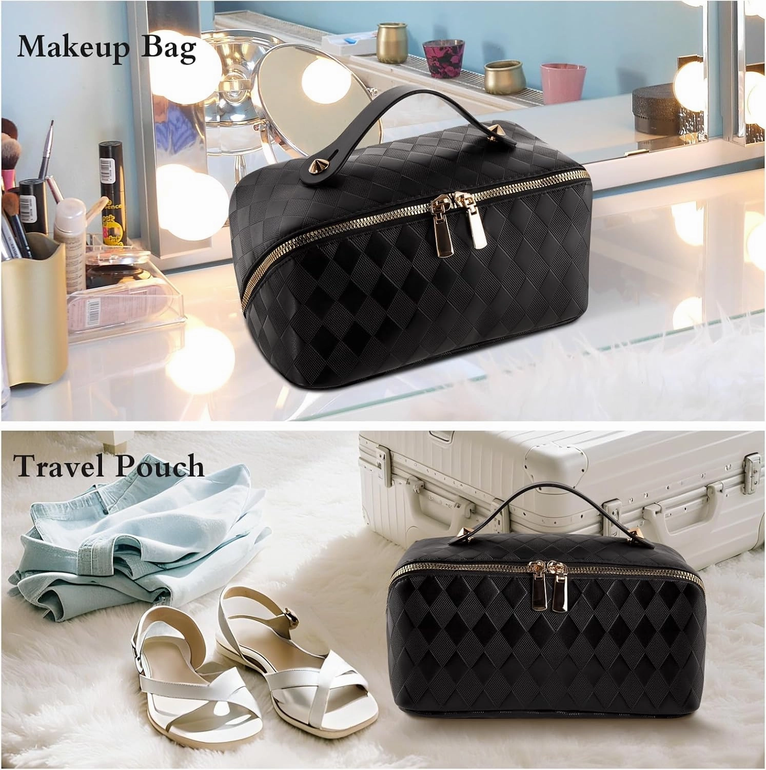 Abiudeng Travel Makeup Bag,Large Capacity Toiletry Bag Cosmetic Bags for Travel Essentials,Waterproof Portable Pouch Open Flat Makeup bag Organizer with Divider and Handle-black rhombus