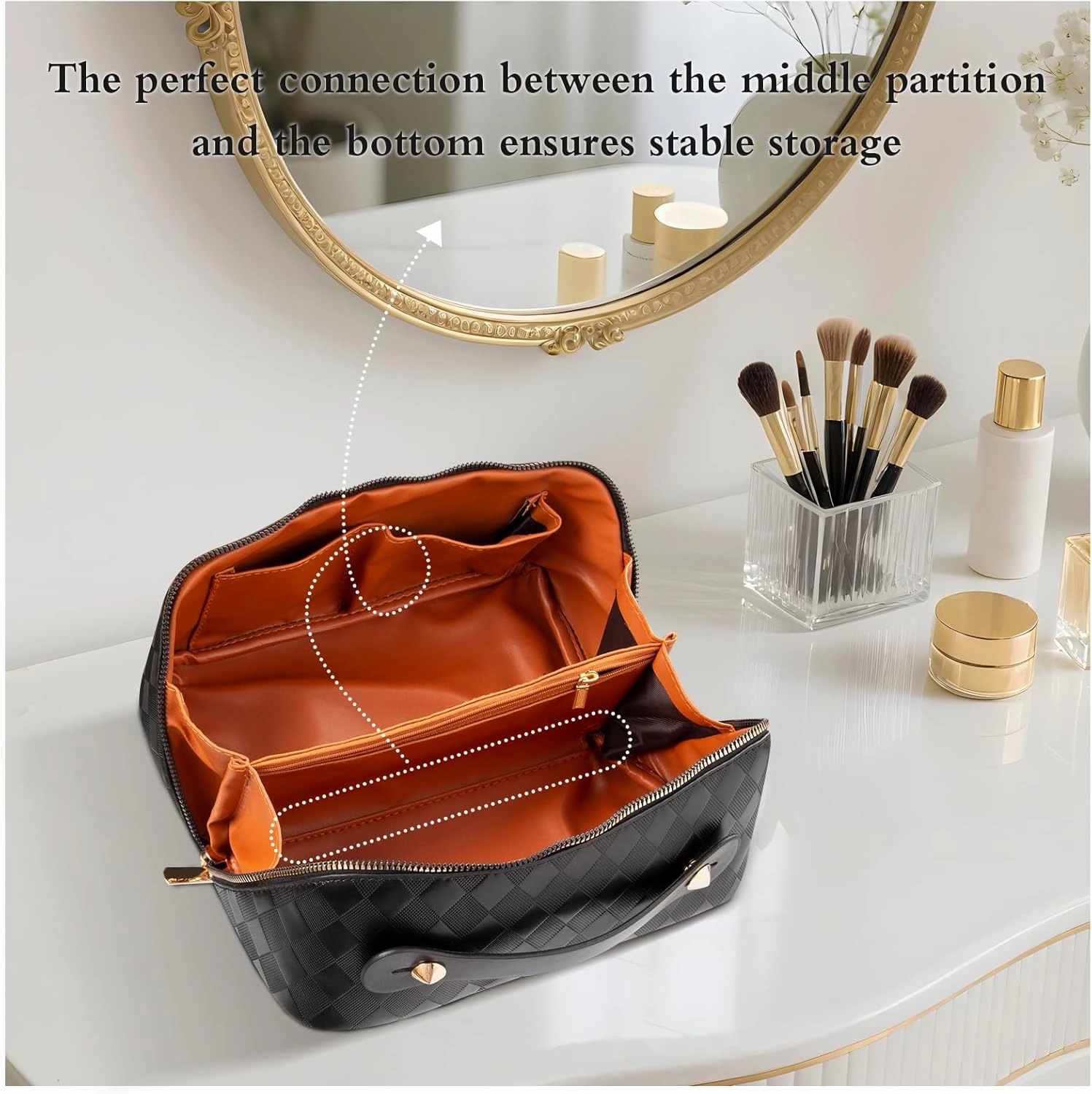 Abiudeng Travel Makeup Bag,Large Capacity Toiletry Bag Cosmetic Bags for Travel Essentials,Waterproof Portable Pouch Open Flat Makeup bag Organizer with Divider and Handle-black rhombus