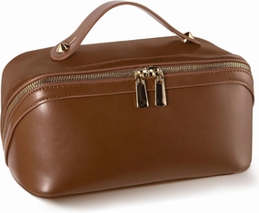 Abiudeng Travel Makeup Bag Large Capacity Toiletry Bag for Travel Essentials Open Flat Makeup bag Organizer with Divider and Handle-Brown