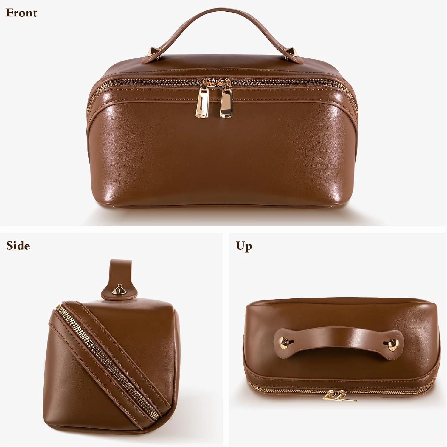 Abiudeng Travel Makeup Bag Large Capacity Toiletry Bag for Travel Essentials Open Flat Makeup bag Organizer with Divider and Handle-Brown