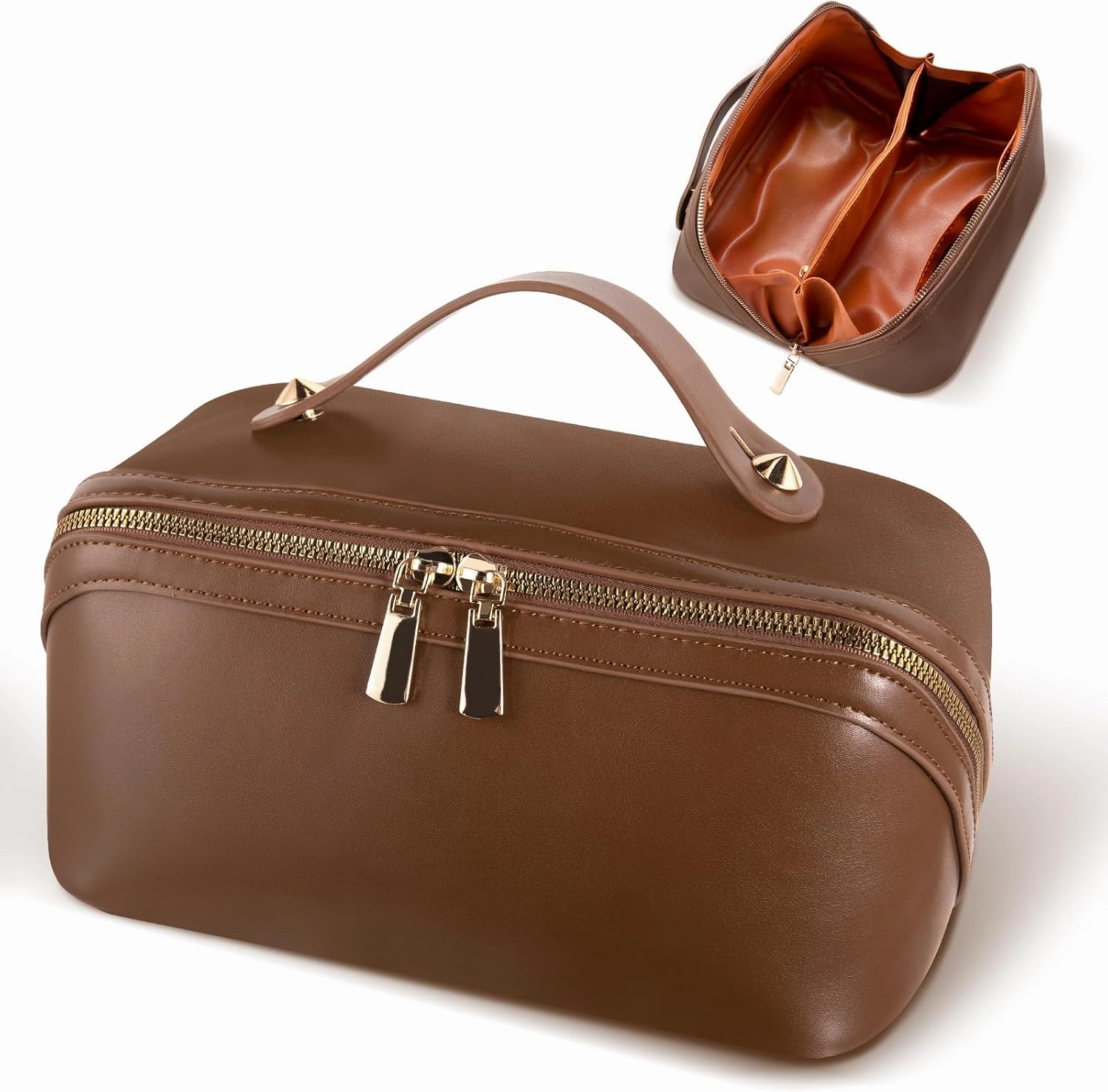 Abiudeng Travel Makeup Bag Large Capacity Toiletry Bag for Travel Essentials Open Flat Makeup bag Organizer with Divider and Handle-Brown