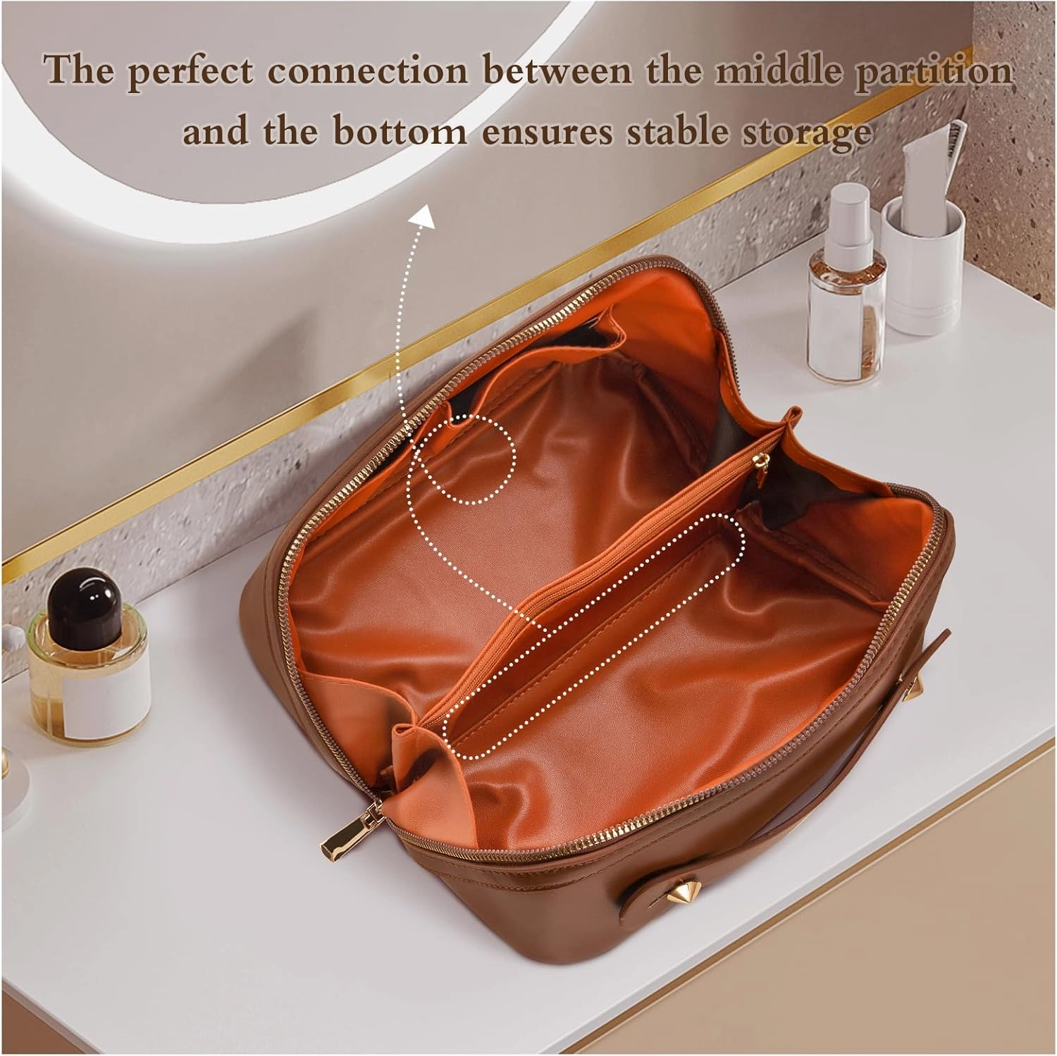 Abiudeng Travel Makeup Bag Large Capacity Toiletry Bag for Travel Essentials Open Flat Makeup bag Organizer with Divider and Handle-Brown