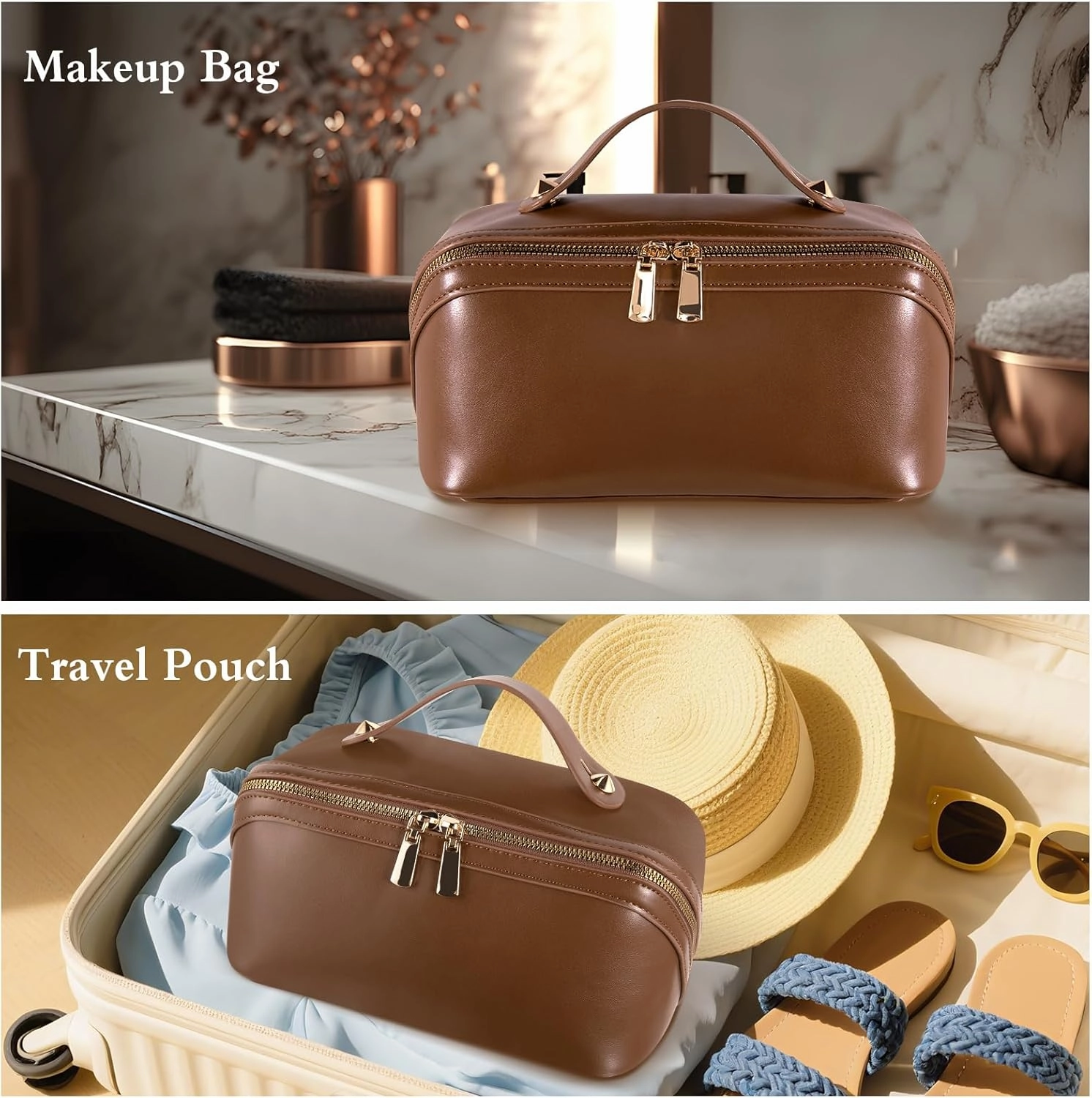 Abiudeng Travel Makeup Bag Large Capacity Toiletry Bag for Travel Essentials Open Flat Makeup bag Organizer with Divider and Handle-Brown