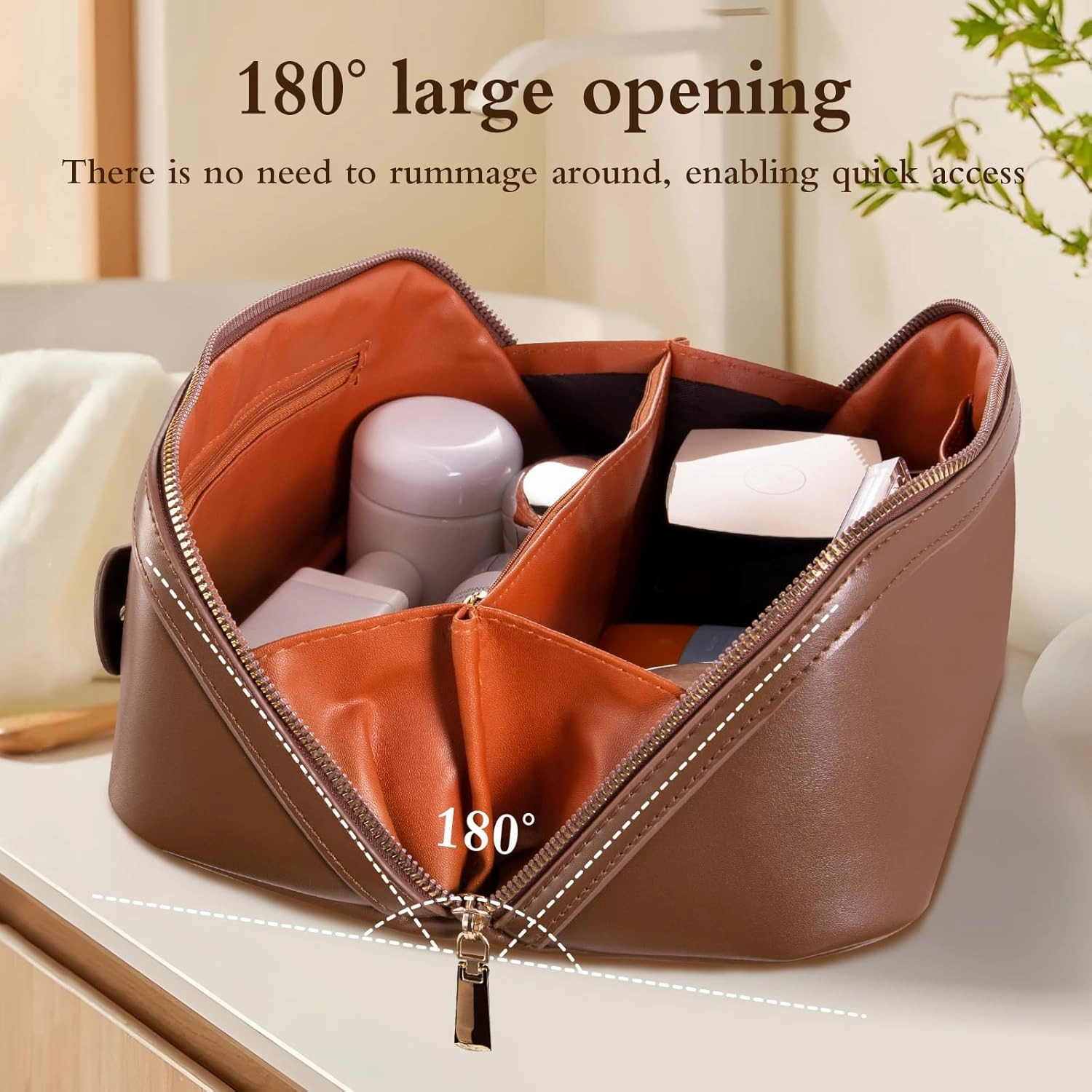 Abiudeng Travel Makeup Bag Large Capacity Toiletry Bag for Travel Essentials Open Flat Makeup bag Organizer with Divider and Handle-Brown
