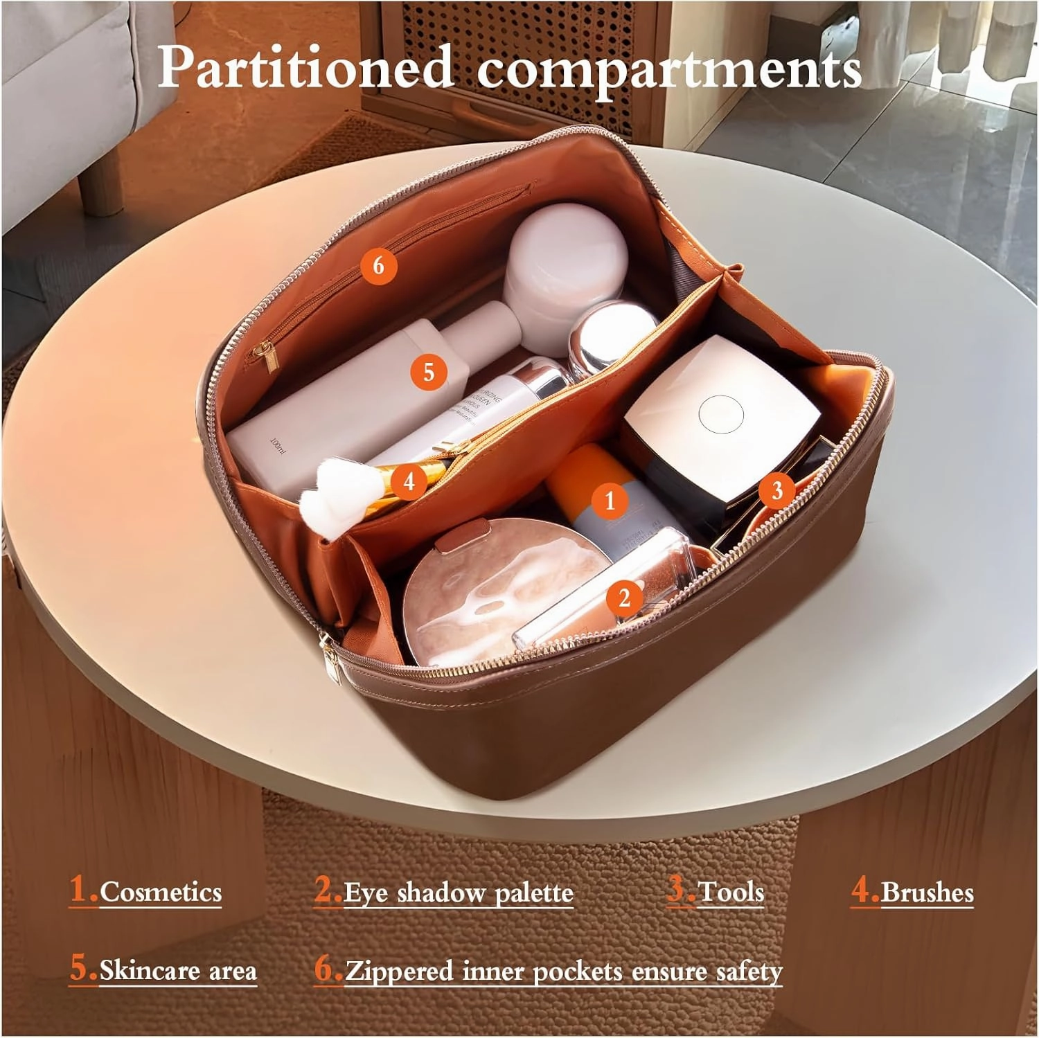 Abiudeng Travel Makeup Bag Large Capacity Toiletry Bag for Travel Essentials Open Flat Makeup bag Organizer with Divider and Handle-Brown