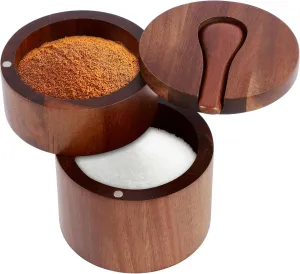 Acacia Wood Salt Cellar, 2 Layers Salt Container with Built in Spoon and Magnetic Swivel Lid, Small Wooden Box for Keeping Table Salt, Gourmet Salts, Herbs or Favorite Seasonings