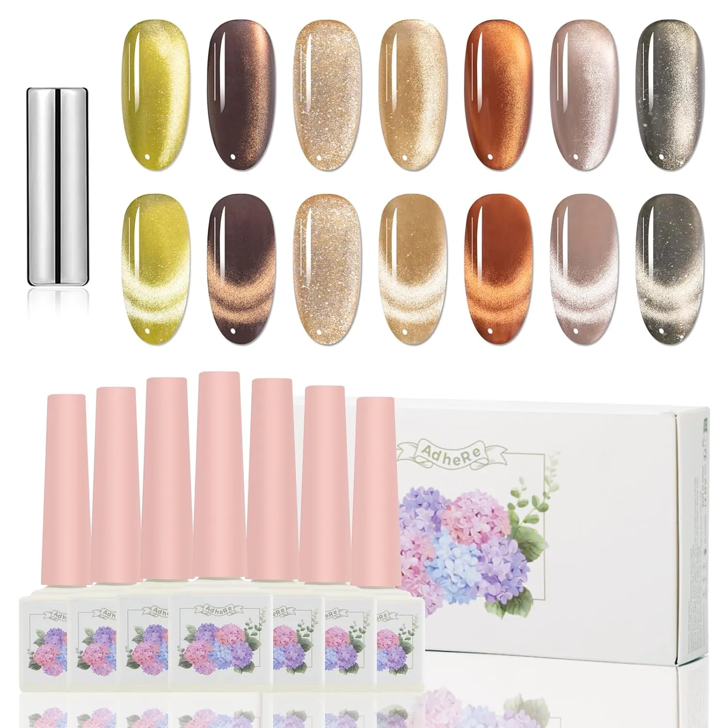 ADHERE Cat Eye Gel Nail Polish Set 12ML, 7 Colors Holographic Cat Eye Glitter Gel Polish Set Orange Brown Fall Nail Gel Polish Kit with Magnet Soak Off LED Nail Art Gel DIY Salon Gifts For Women