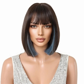 Aimole Honey Short Bob Straight Wig Darkest Brown With Blue Highlights Wigs with Cute Flat Bangs Synthetic Hair With Long Sclap of Middle Part for Daily Party