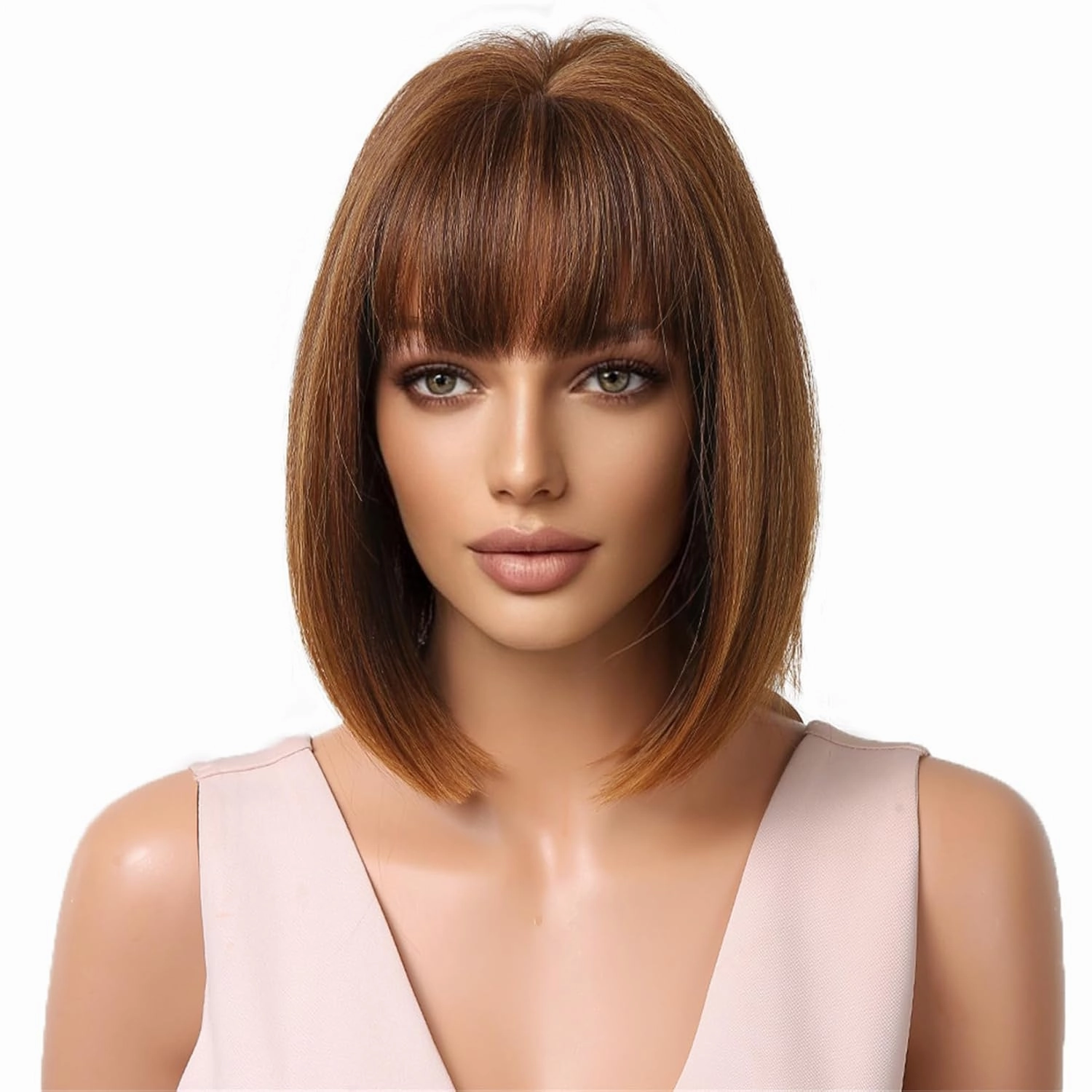 Aimole Short Bob Straight Wig with Cute Flat Bangs Fashion Heat Resistant Synthetic Hair for Dalily Party Use (Brown Mixed)