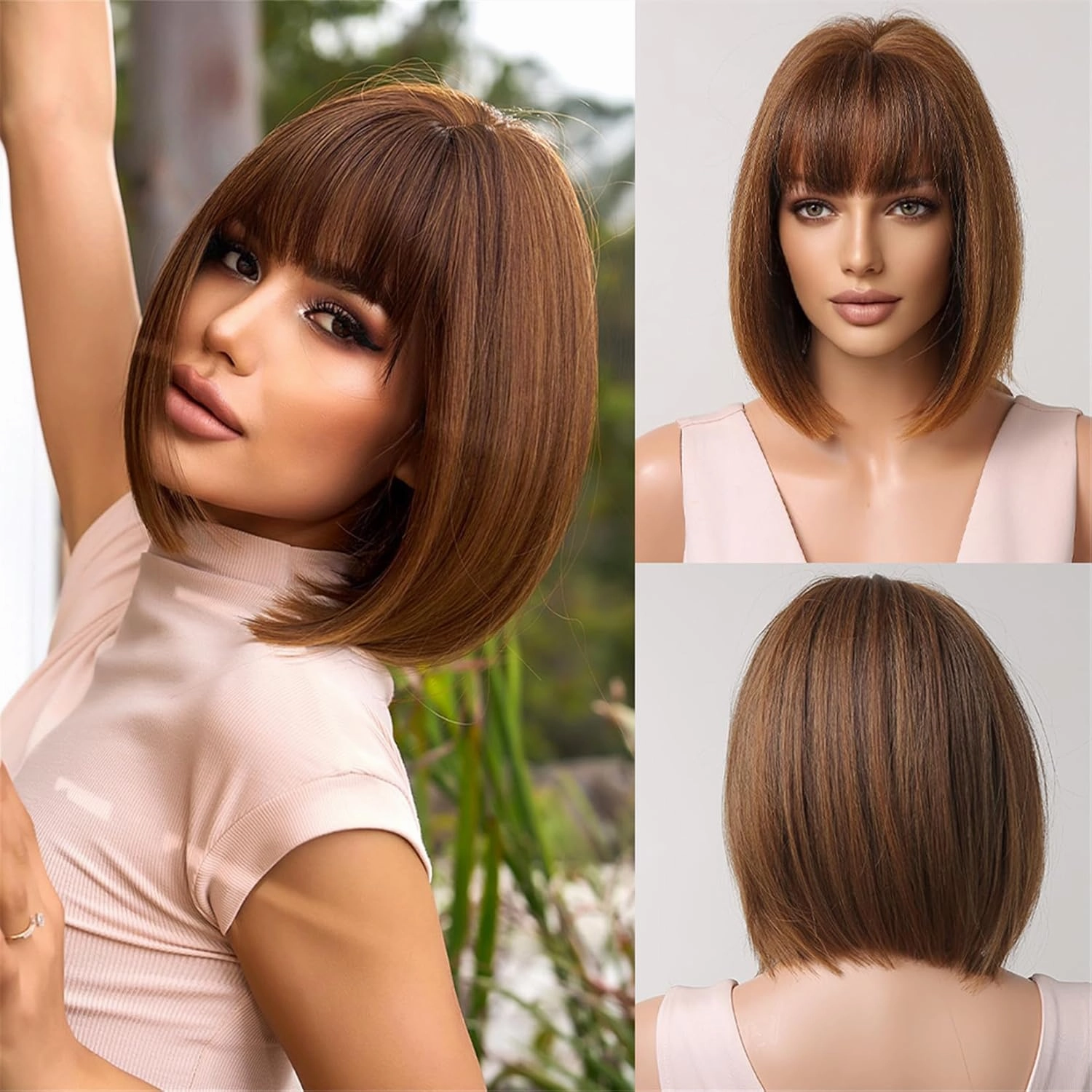 Aimole Short Bob Straight Wig with Cute Flat Bangs Fashion Heat Resistant Synthetic Hair for Dalily Party Use (Brown Mixed)