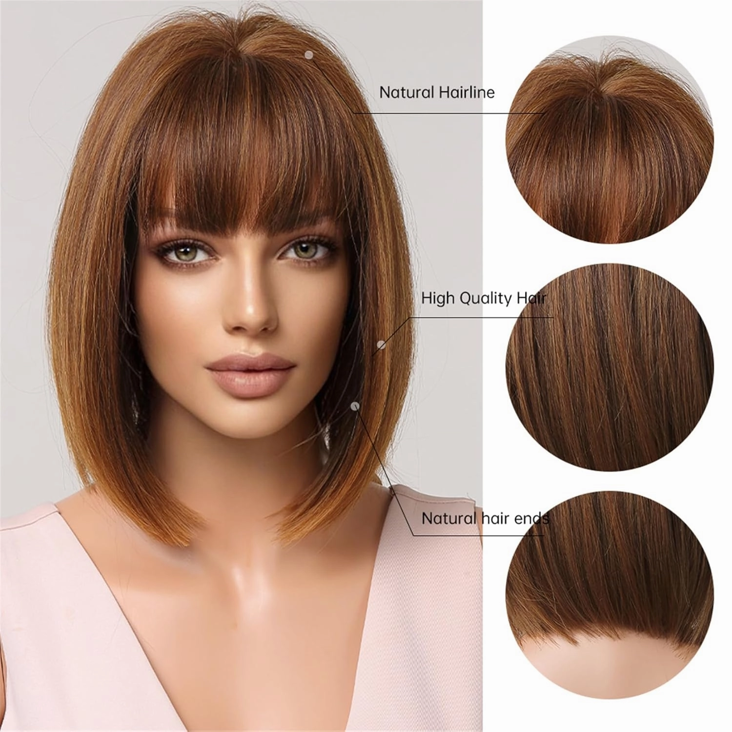 Aimole Short Bob Straight Wig with Cute Flat Bangs Fashion Heat Resistant Synthetic Hair for Dalily Party Use (Brown Mixed)