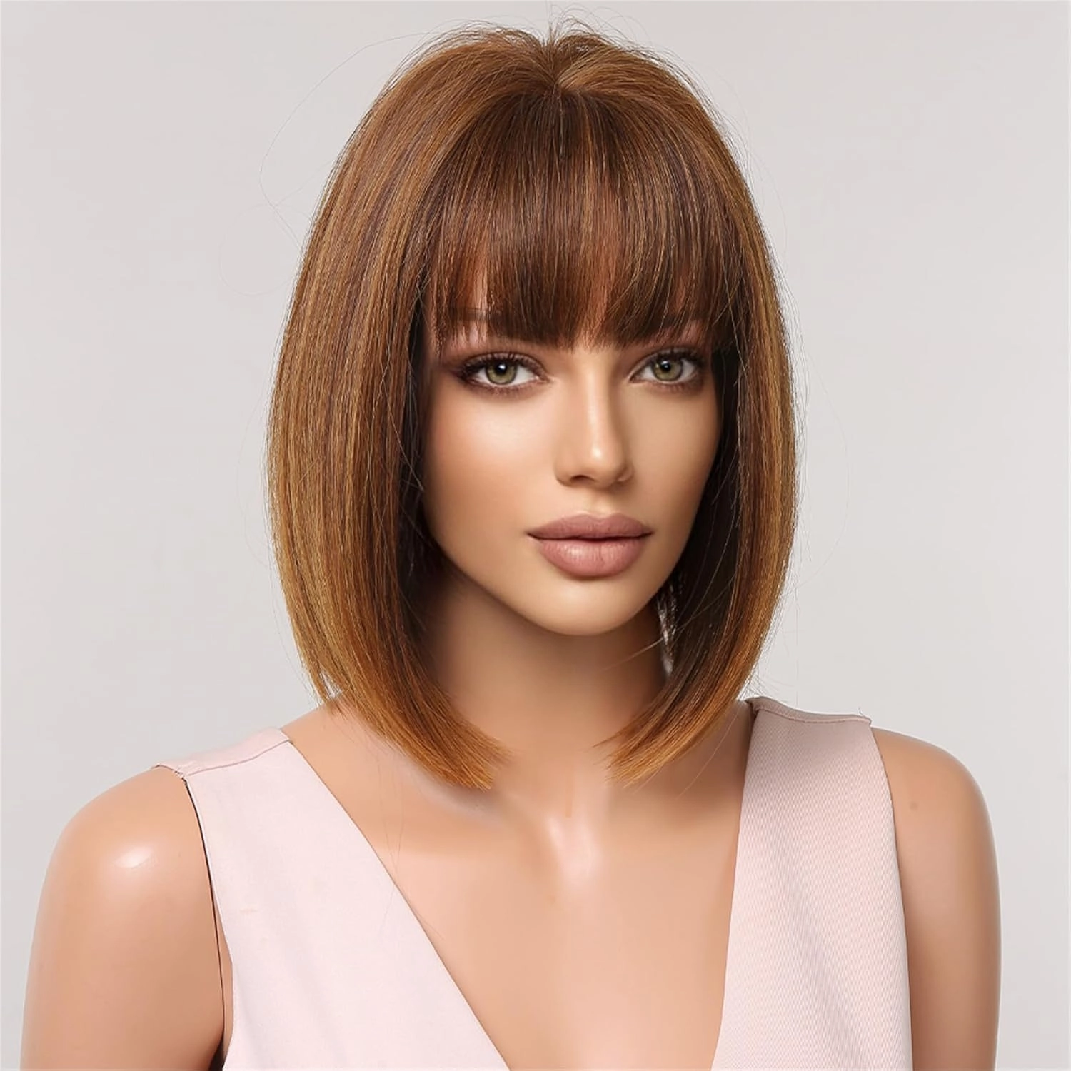 Aimole Short Bob Straight Wig with Cute Flat Bangs Fashion Heat Resistant Synthetic Hair for Dalily Party Use (Brown Mixed)