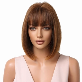 Aimole Short Bob Straight Wig with Cute Flat Bangs Fashion Heat Resistant Synthetic Hair for Dalily Party Use (Brown Mixed)