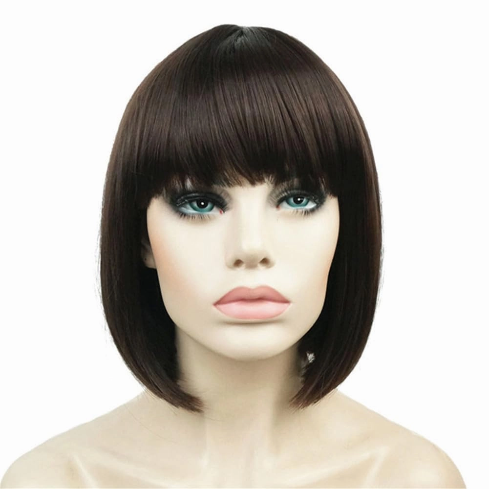 Aimole Short Straight Bob Wig Cute Flat Bangs Synthetic Full Women Wigs(6-Chestnut Brown)