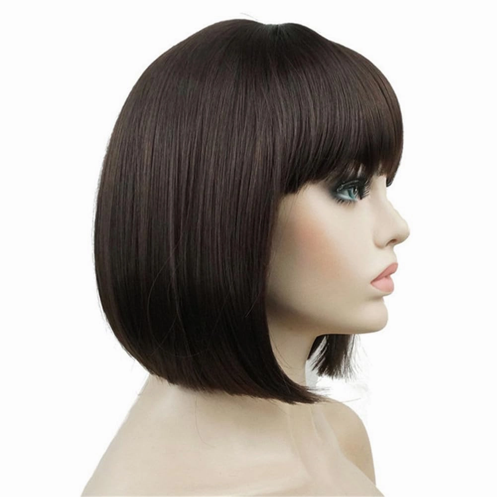 Aimole Short Straight Bob Wig Cute Flat Bangs Synthetic Full Women Wigs(6-Chestnut Brown)