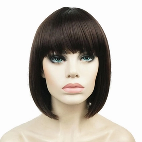 Aimole Short Straight Bob Wig Cute Flat Bangs Synthetic Full Women Wigs(6-Chestnut Brown)
