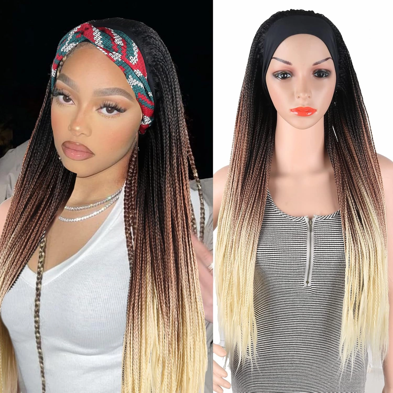 Aisaide Ombre Blonde Braided Headband Wigs for Black Women Long Crochet Box Braids Headband Wig Ombre Brown Mixed Blonde Twist Crochet Hair Headband Dreadlock Braided Wigs Synthetic Box Braid Wig