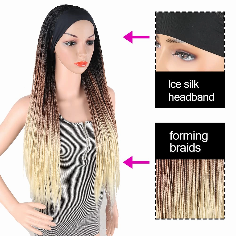 Aisaide Ombre Blonde Braided Headband Wigs for Black Women Long Crochet Box Braids Headband Wig Ombre Brown Mixed Blonde Twist Crochet Hair Headband Dreadlock Braided Wigs Synthetic Box Braid Wig