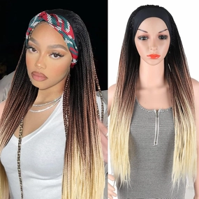 Aisaide Ombre Blonde Braided Headband Wigs for Black Women Long Crochet Box Braids Headband Wig Ombre Brown Mixed Blonde Twist Crochet Hair Headband Dreadlock Braided Wigs Synthetic Box Braid Wig
