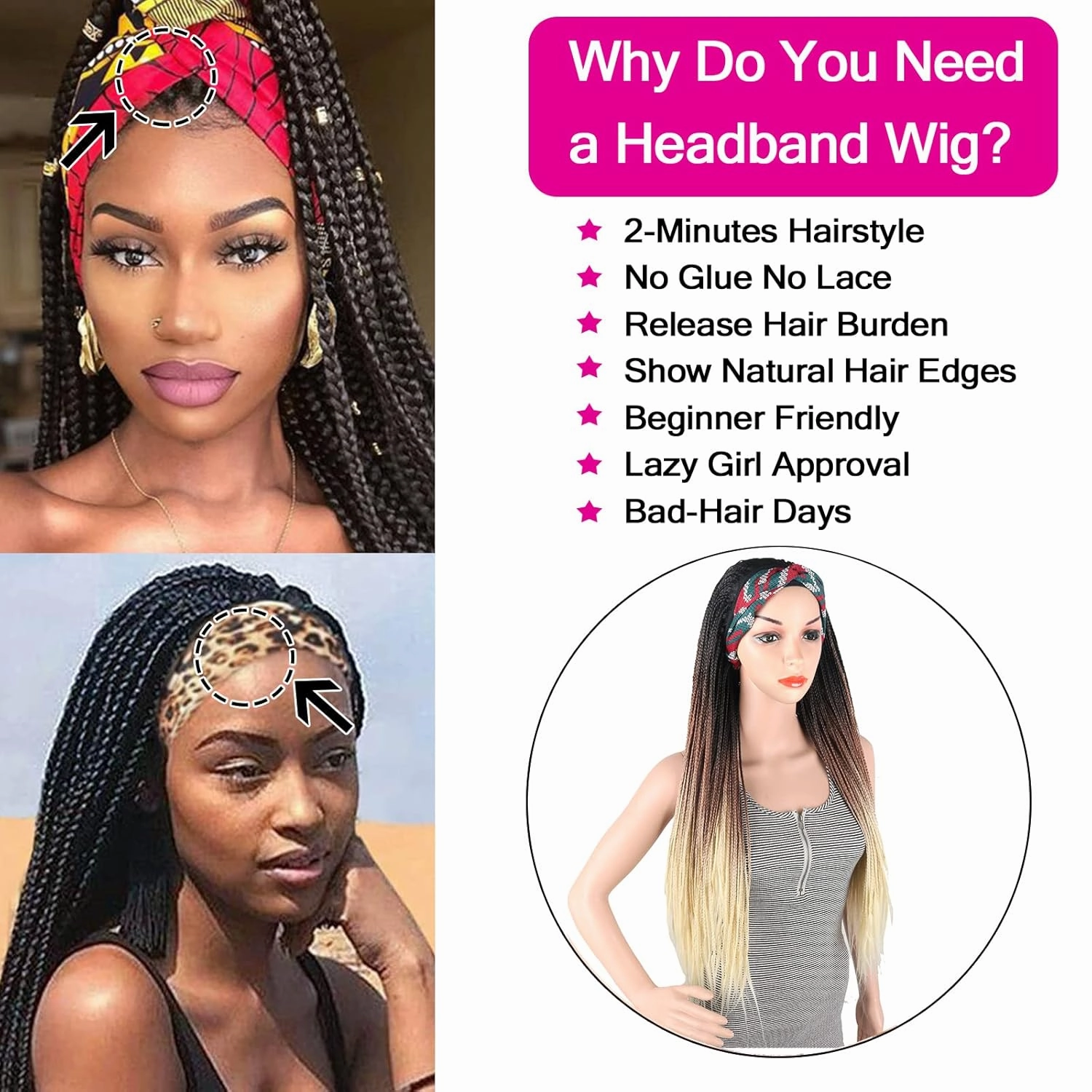 Aisaide Ombre Blonde Braided Headband Wigs for Black Women Long Crochet Box Braids Headband Wig Ombre Brown Mixed Blonde Twist Crochet Hair Headband Dreadlock Braided Wigs Synthetic Box Braid Wig