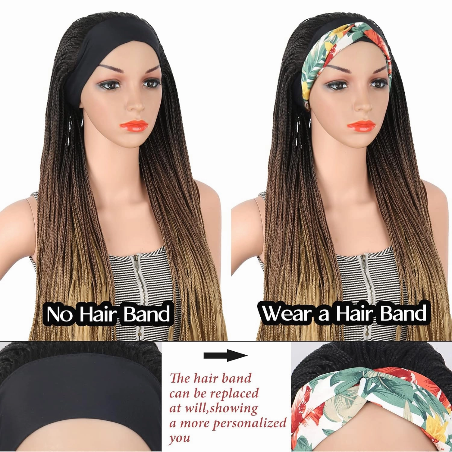 Aisaide Ombre Headband Braided Wigs for Black Women Brown Box Braids Wig with Head Band Wig Dark Brown Mix Blonde Knotless Braided Wigs Long Highlight Brown Headband Wigs for Black Women