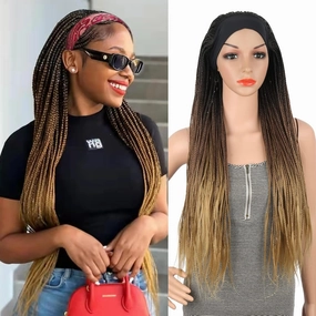 Aisaide Ombre Headband Braided Wigs for Black Women Brown Box Braids Wig with Head Band Wig Dark Brown Mix Blonde Knotless Braided Wigs Long Highlight Brown Headband Wigs for Black Women